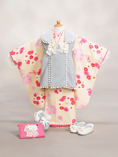 【3-17】三歳女の子被布セット【クリーム×水色/花・プリンセス】【マツダセイコ】【七五三着物レンタル】